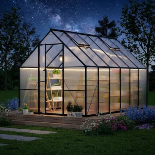 Garvee 8 x 14 ft Outdoor Polycarbonate Greenhouse Kit, Heavy Duty Greenhouse with Reinforced Aluminum Frame, Adjustable Roof Vent, Lockable Door & Quick-Connect Assembly