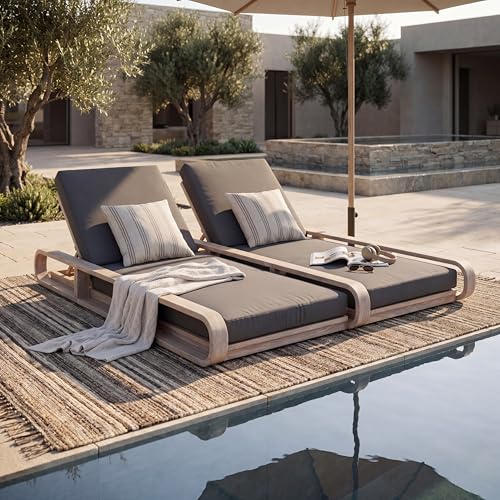 Merax Double Chaise Lounge Chair Outdoor with 4-Position Adjustable Backrest for Each Seat & 2-Fold Cushions, Acacia Wood Pool Sun Lounger for Patio Garden Beach, All-Weather, Dark Grey+Light White