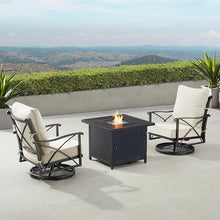 Oakland Living Black Aluminum Square Patio Fire Table Bistro Set with Two Club Chairs, Cushions, Covers and Glass Beads