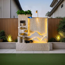 Modern Cement Water Fountain with LED Lights – 8.2ft Indoor Outdoor Garden Wall Feature, Durable Concrete Look (Left)(Left)