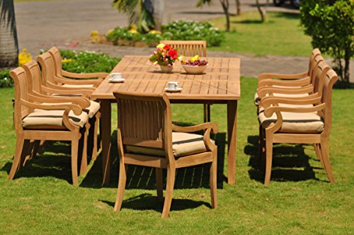 WholesaleTeak New 11 Pc Luxurious Grade A Teak Dining Set Very Large Atnas 122" Double Extensions Premium Dining Rectangle Table and 10 Giva Arm Captain Chairs WHDSGV48