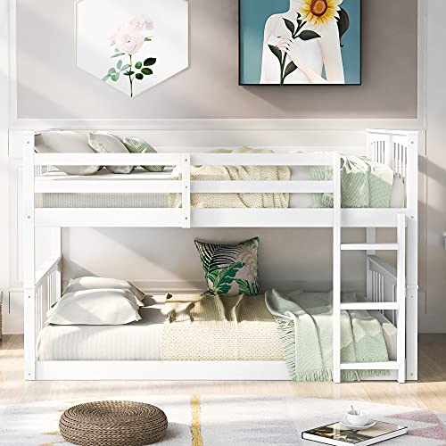 Harper & Bright Designs Full Over Full Low Bunk Bed with Ladder White