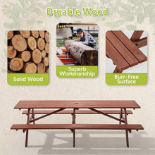AMZXPLORE Wood Picnic Table, 95 Inch Outdoor Picnic Table with Built-in Benches, 12 Person Solid Hardwood Dining Table with Umbrella Hole for Patio Backyard Garden BBQ