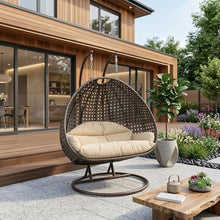LeisureMod 2-Person Wicker Egg Chair, Cream, Beige Steel Stand