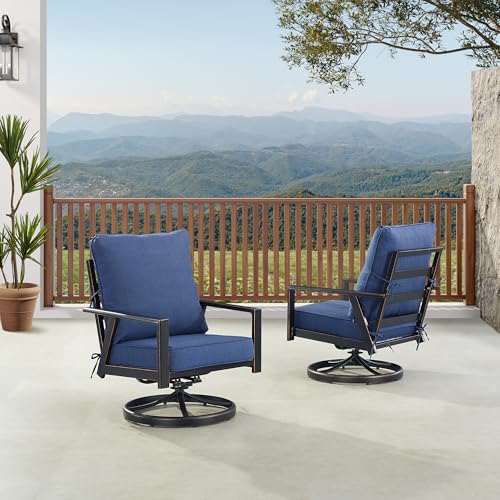 Oakland Living Pair of Black Aluminum Patio Deep Seating Swivel Rocker Club Chairs with Blue Cushions