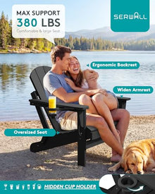 SERWALL Folding Adirondack Chair Set of 4, Fire Pit with Cup Holder -Black