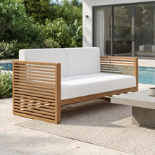 Outdoor Escape White Teak Wood Loveseat with Cushions, Durable Construction, Stylish Armrests, Comfortable Backrest for Patio Garden Porch Entertainment