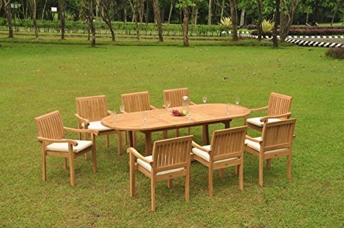 WholesaleTeakFurniture Grade-A Teak Wood 9 Pc Dining Set with 94" Oval Table and 8 Napa Stacking Arm Chairs