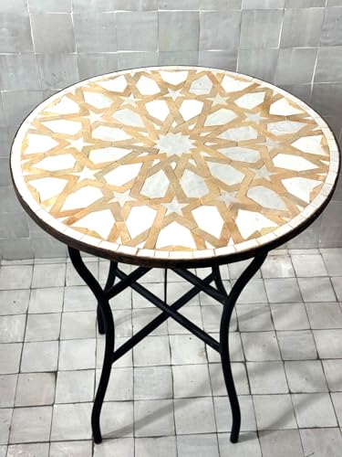 Moroccan Intricately Designed Round Tile Table Top for Indoor & Outdoor with Foldable Base