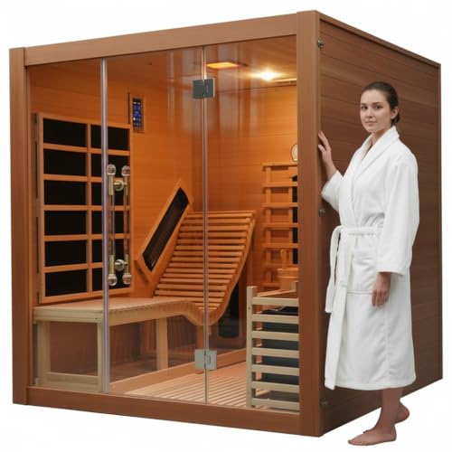 AURGOD Dual System Indoor Sauna, Canadian Red Cedar Far Infrared & Steam Sauna 3 Person, 220V 6KW Harvia Heater, 3KW Dry Heating, Recliner, Speakers, Chromotherapy Lighting