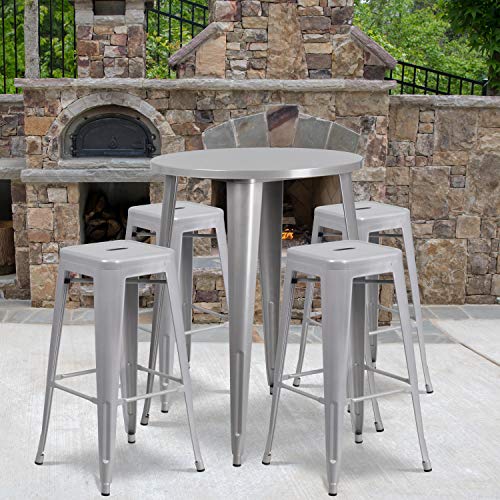 BizChair Commercial 30" Round Silver Metal Bar Table Set-4 Square Seat Backless Stools
