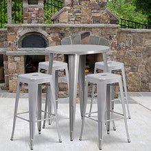 BizChair Commercial 30" Round Silver Metal Bar Table Set-4 Square Seat Backless Stools