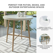 Signature Design by Ashley Seton Creek Outdoor Bar Table, 40 Inch Round Patio Bar Height Table with Umbrella Hole, Aluminum Frame, Stone Look Tabletop, for Outdoor Dining, Seats 4, Beige
