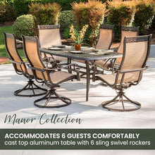 Hanover Manor 7-Piece Outdoor Dining Set with Cast-Top Aluminum Table and 6 Tan PVC Sling Rockers Cast/Sling