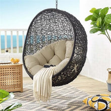 Modway Encase Modern Rattan/Fabric Outdoor Swing Chair with Stand in Black/Beige