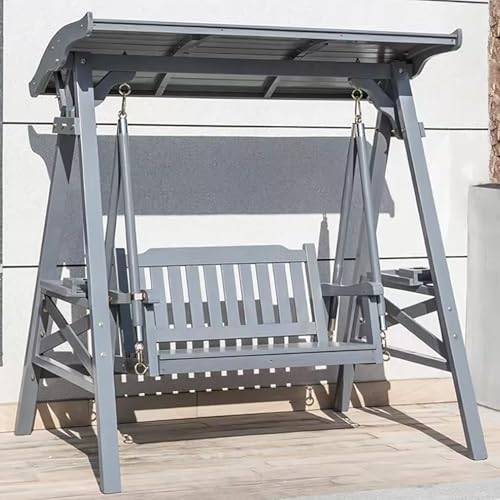 Wooden Patio Porch Swing Chair with Adjustable Canopy，Wooden Porch Swing 2-Seater,Double Shelf,Heavy Duty 600 LBS,for Outdoor Patio Garden Yard(Silver)