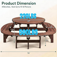 Festisoul Round Solid Fir Wood Picnic Dining Table for 10-12 People, Brown, 4 Built-in Curved Benches, 2" Umbrella Hole, 2,220-Lb Capacity for Patio, Garden & Backyard