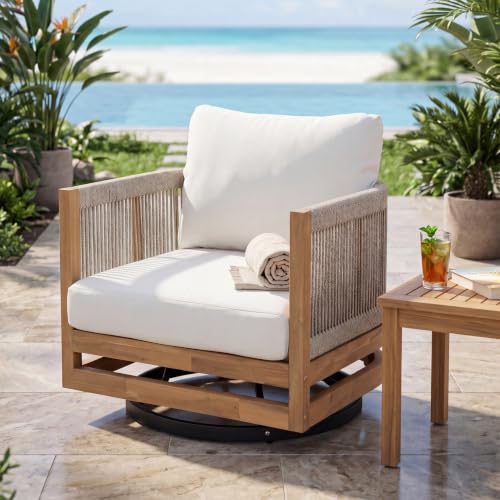 Merax Acacia Wood Outdoor Swivel Chair with Rope and Cushions