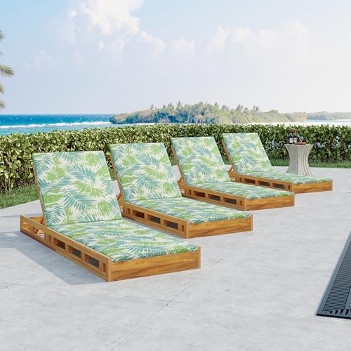 Merax Acacia Wood Chaise Lounge Chair Outdoor Set of 4, Patio Recliner with 4 Position Adjustable Backrest and 1.57" Thick Double-fold Cushion