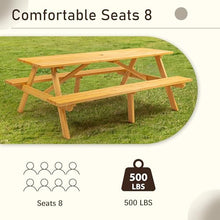GFDGFD 75" Wooden Picnic Table with Built-in Benches for 8 People, Outdoor Patio Dining Table with Umbrella Hole, Heavy Duty Backyard Garden BBQ Table, Brown