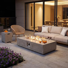COSIEST 2-Piece Outdoor Propane Fire Table Set, Rectangle Concrete 56" x 28" Gray Fire Pit (Certified, 50,000 BTU) w 20lb Tank Table, Wind Guard, Waterproof Cover for Garden, Porch, Backyard