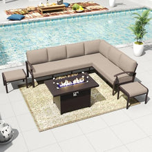 Kurapika 8-Piece Aluminum Patio Furniture Set with Propane Fire Pit Table, Modern Outdoor Sectional Sofa, Sand