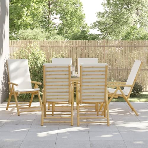 KFPOERTFGD 6-Piece Bamboo Reclining Chair Set, Foldable Patio Lounge Seats with Thick Cream Cushions, Adjustable Backrest Garden Furniture for Outdoor Deck, Balcony and Backyard