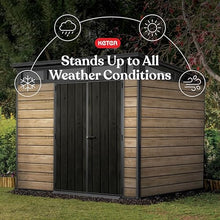 Keter Signature Collection 9x7 Ft All-Weather Storage Shed with Skylight, Window, Built-in Ventilation, & Lockable Double Doors, Ashwood