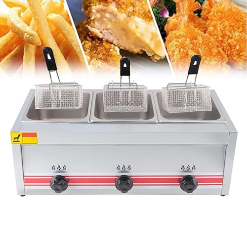 Professional Commercial Gas Fryer Stainless Steel, Adjustable Firepower, Large Capacity Double Fryer, With Baskets And Lid, Easy Cleaning Triplecylinder10l+10l+10l