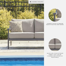 Signature Design by Ashley North Island Outdoor Loveseat, Powder-Coated Aluminum Frame, UV-Resistant Nuvella Fabric Cushions, Contemporary Porch and Patio Seating, Gray/Wood Tones