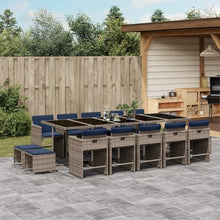 LKJephalotrope 15 Piece Garden Dining Set, Grey Poly Rattan Outdoor Furniture with Navy Blue Cushions, Patio Table and Chairs with Stools, Space-Saving Cube Set for Backyard