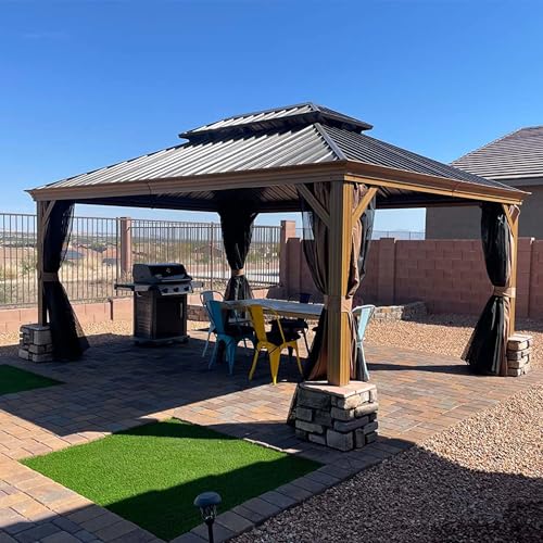 Domi Outdoor Living 12’ x 16’ Hardtop Gazebo Aluminum Wood Grain with Double Canopy Wood-Looking