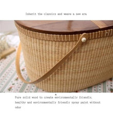 Exquisite Handmade Rattan Picnic Basket with Solid Wood Lid, Large-Capacity Portable Picnic Basket for Outdoor & Household Use (Black Walnut, 15" x 11" x 8.5")(White Cork) (White Cork 15*11*8.5in)