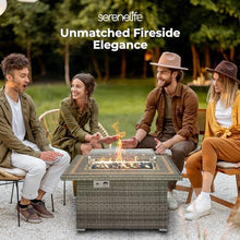 SereneLife Outdoor Propane Fire Pit Table, 50,000 BTU Wicker Gas Firepit with Tile Tabletop, with Glass Wind Guard and Decorative Glass Stones, CSA Certified, Weatherproof Cover, 43"x27"x25"