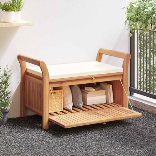 KFPOERTFGD Outdoor Storage Bench with Cushion, Acacia Wood Garden Deck Box for Patio Seating, Cream White, 49.6 x 19.7 x 23.6 Inches