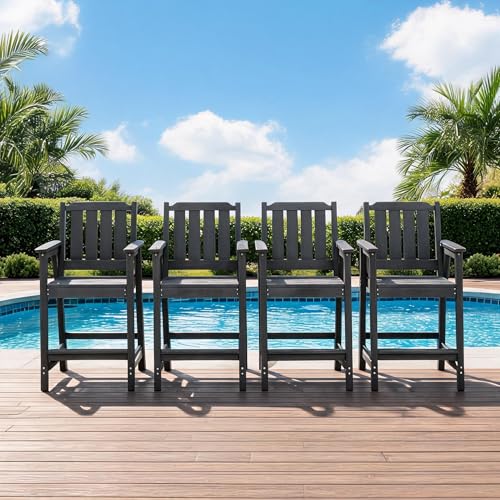 IDEALHOUSE Outdoor Patio Bar Stools Set of 4 w/Wider Arms & Back, All-Weather HDPE Adirondack Outdoor Bar Height Chairs, Heavy Duty Tall Patio Bar Chairs, for Garden, Poolside & Balcony, Rustic Gray