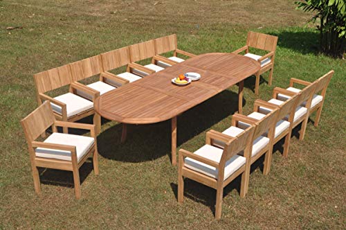 TeakStation 12 Seater Grade-A Teak Wood 13 Pc Dining Set: 118" Double Extension Oval Table and 12 Veranda Arm Chairs #TSDSVR12
