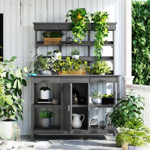 Sturdy Outdoor Garden Potting Bench with Storage Drawers and Open Shelving for Soil, Tools, and Supplies (Gray + Solid Wood + Wood)
