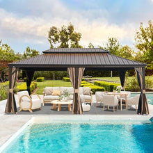 Ginkartu 14'x22' Hardtop Gazebo, Galvanized Steel Double Roof Outdoor Canopy with Drainage System, Upgraded Mesh Netting & Privacy Curtains, Heavy Duty Metal Pergola for Patio, Grey (Brown, 14'x22')
