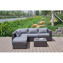 Pemberly Row Outdoor Sectional Sofa Set, Gray Cushions, Brown Wicker/Rattan Frame, 86" L x 80" W x 28" H, Tempered Glass Top Coffee Table, Water-Resistant Cushions, Modern Patio Furniture for
