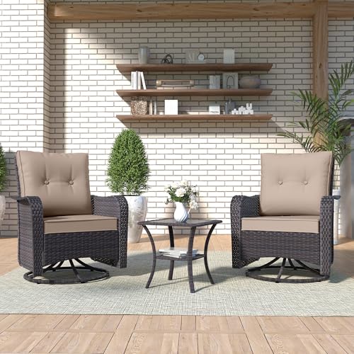 Kurapika 3 Pieces Patio Furniture Set Outdoor Swivel Gliders Rocker, Wicker Patio Bistro Set, Rattan Rocking Chair with Tempered Glass Side Table and Thickened Cushions (Sand)