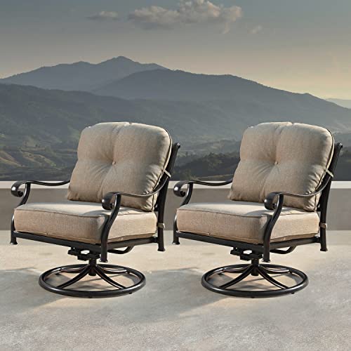 Oakland Living Aluminum Outdoor Swivel Club Rocking Chairs Set of 2 with Thick Tan Cushions Antique Copper