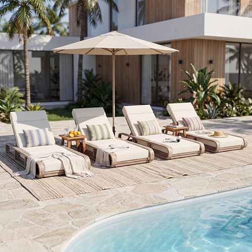 Merax 4 Piece White Finish Acacia Wood Chaise Lounge - 4 Pcs Frame + 4 Pcs 4" 4-Fold Beige Water-Resistant Cushion, 400lbs Capacity, Adjustable Outdoor Recliner for Patio Poolside Backyard