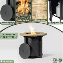 30" Propane Gas Fire Pit Table, Round Steel Fire Pit with Imitation Wood Grain Finish for Outside Patio Deck Garden Backyard- Black