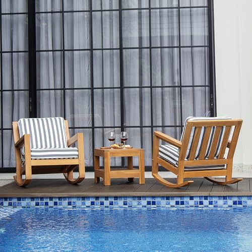 Cambridge Casual Newport Deep Seating Rocking Chair Set of 3 with Stripe Cushion, Includes 2 Rocking Chairs and Side Table, Removable Cushion, Perfect for Poolside, Backyard, Balcony, or Sunroom