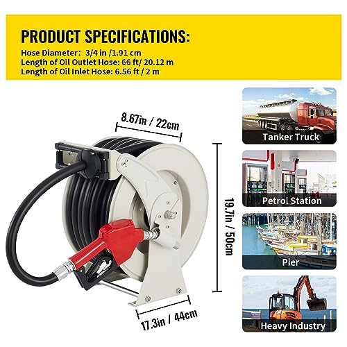 Fuel Hose Reel 33-66 FT Retractable Diesel Cord Reel W/Automatic Refueling Gun for Garden Watering Car Tank Truck Washing(66 ft 0.75 inch)