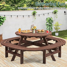 Festisoul Round Solid Fir Wood Picnic Dining Table for 10-12 People, Brown, 4 Built-in Curved Benches, 2" Umbrella Hole, 2,220-Lb Capacity for Patio, Garden & Backyard