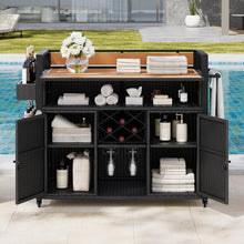 Doredo Wicker Outdoor Grill Cart with Extended Wood-Plastic Table Top, Outdoor Grill Table for Food Prep, Kitchen Island on Wheels with Storage Cabinet for Patio Backyard Garden Poolside, Black