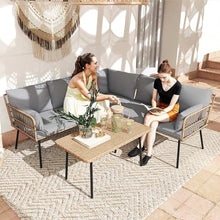 DWVO 4-Piece Outdoor Sectional Sofa Set, All-Weather Wicker L-Shaped 5-Seater Patio Furniture with Removable Cushions & Side Table, Boho Conversation Set for Backyard, Porch, Deck (Grey)