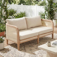 Christopher Knight Home Kirby Acacia Wood 2-Seater Outdoor Sofa Couch, Patio Loveseat Sofa with Cushions, Modern Love Seat with Wicker Accent, Spacious Seating Couch for Backyard/Porch, Natural+Beige